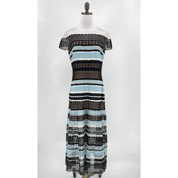 Tadashi Shoji Dresses & Skirts - Tadashi Shoji Womens Blue Black Striped Tulle Lace Midi Dress Sz 8